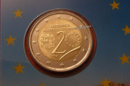 moneta Andorra 2 euro commemorative 2014 20th of the council of europe folder fdc (confezione zecca) dettaglio moneta