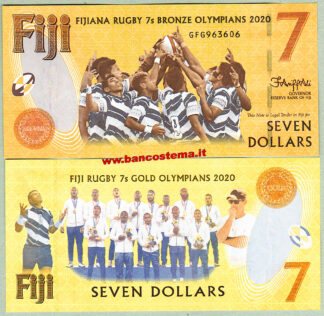  Banconota Fiji PW122 7 Dollari commemorativa Fijiana e Fiji Rugby 7° Medaglia di Bronzo e Oro Vinta alle Olimpiadi estive 2021 (XXXII) a Tokyo 2022 unc 