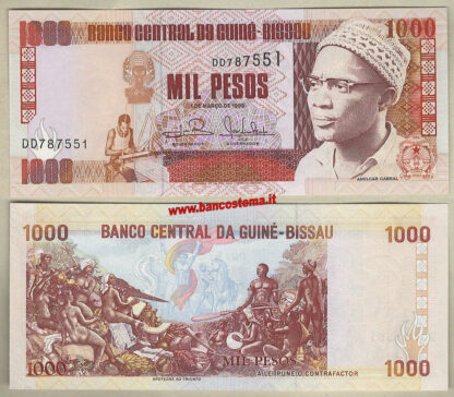 Guinea_Bissau_flag Banconota Guinea-Bissau P13b 1.000 Pesos 1.03.1993 unc colore marrone scuro su multicolor - formato ridotto - statuina intagliata - tessitore e telaio- A.Cabral - scena allegorica con titolo :Apoteose ao Triunfo stemma - conservazione come da foto