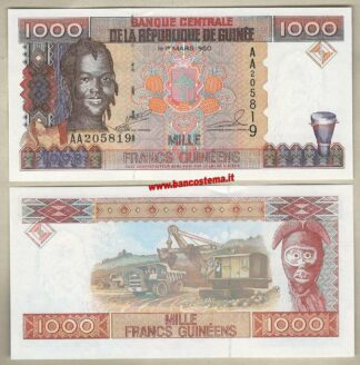 Guinea_bandiera Banconota Guinea P37 1.000 Francs 1998 unc colore marrone e rosso su multicolor - donna - scultura - stemma - cava mineraria - pala a vapore e camion - conservazione come da foto - il numero di serie può essere differente