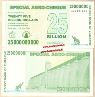 Banconota Zimbabwe P62 25.000.000.000 Dollars 15.05.2008 redemption date 31.12.2008 unc