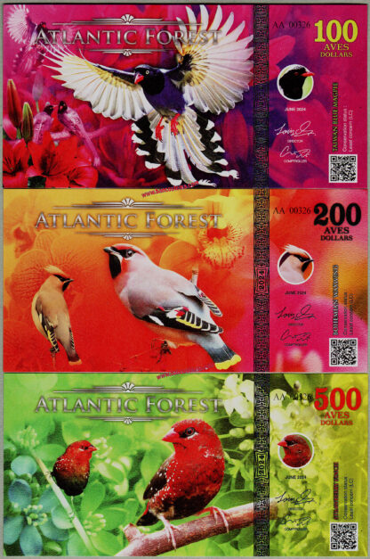 Banconote per collezionisti Atlantic Forest 100-200-500 aves dollars set 3 pz. June 2024 paper low nr unc