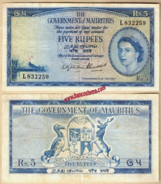 Mauritius P27 5 Rupees 1954 gvf